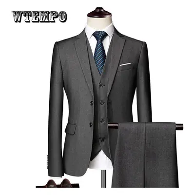 (grey, Asian 45-52KG) (jacket + Vest + Pants) Men&apos;s Suit Three-piece Suit, New Solid Color 