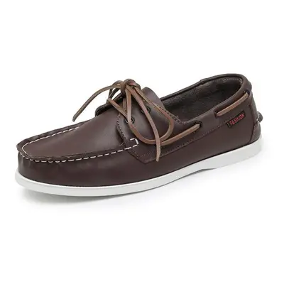 (brown,white, 46) Men&apos;s 2-eye Boat Shoe Penny Loafers Casual Driving Walking Moccasin