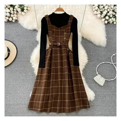 (brown, S) Autumn And Winter Foreign Fashion Age Reduction Dress Retro Style Woollen Vest + Knit