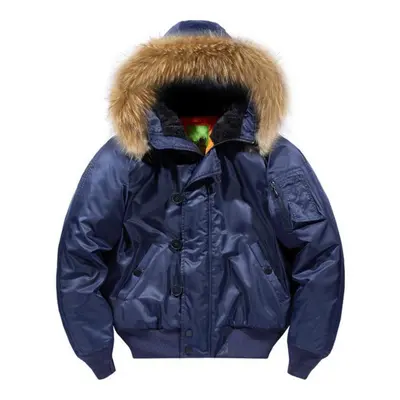 (blue, L) Fur Collar Hooded Coat Military Fur Hood Warm Tactical Bomber Jackets Warm Windproof F