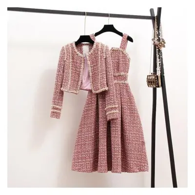 (pink, L) Luxury Quality Fall Winter Tweed Dress And Jacket Piece Set Women Tweed Short Jacket C