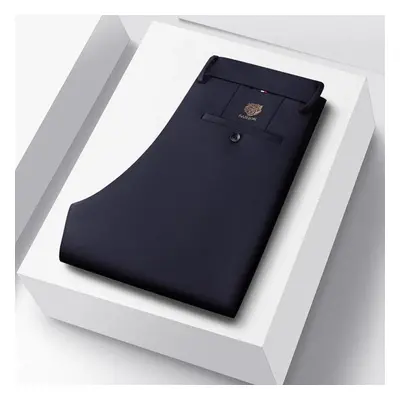 (navy blue, 36) Summer Men Business Stretch Smooth Trousers Korean Classic Thin Black Gray Casua