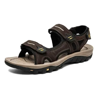 (dark brown, 48) Large Size Genuine Leather Men Sandals Summer Men Beach Sandals Outdoor Sandals