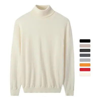 (white, L) Men Turtleneck Sweater Autumn Winter Merino Pure Wool Warmknitted