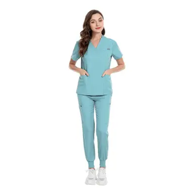 (light blue, XXL) Men&apos;s And Women&apos;s V-neck Short Sleeved Surgical Suit Hospital Nurse 