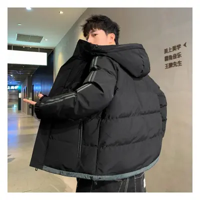 (black, 2XL) Men&apos;s Down Jacket Striped Parkas Teenager Thick Loose Coat Autumn Winter Cloth