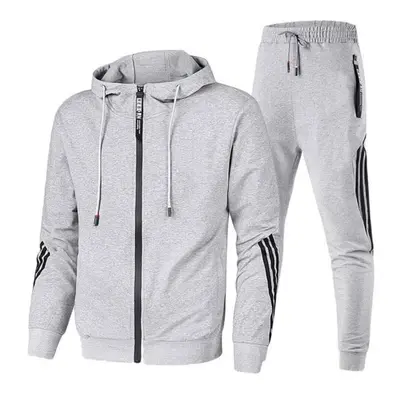 (grey, M) Large Size Men&apos;s Autumn And Winter Fashion Casual Tracksuit Set Jacket Sweatpants