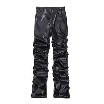 (black, XL) Hip Hop Mens Pleated Pu Leather Pants Harajuku Retro Streetwear Loose Ruched Casual 