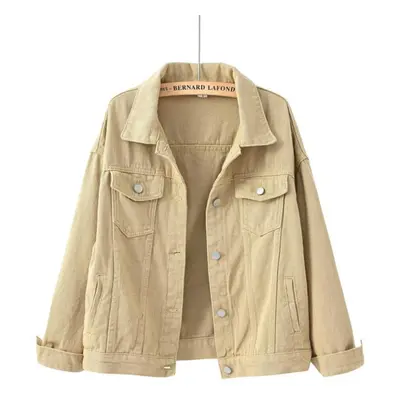 (khaki, S) Spring New Color Denim Jacket Women&apos;s Short Korean Loose Long Sleeve Jacket Stud