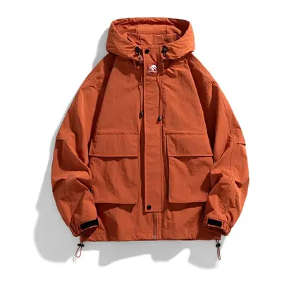 (orange, 2XL) Men&apos;s Trench Jacket Hip Hop Solid Color Outdoor Sports Hooded Coat Purple Hoo