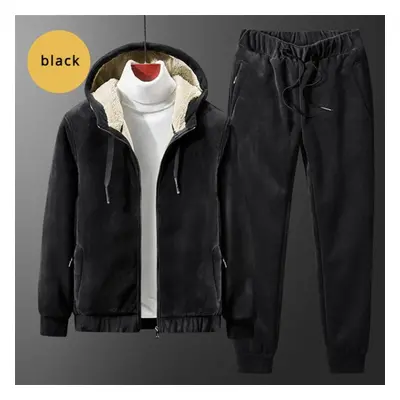 (black, 8XL) Men Plush And Thickened Set Warm Fashion Casual Jacket + Pants Sports Suit