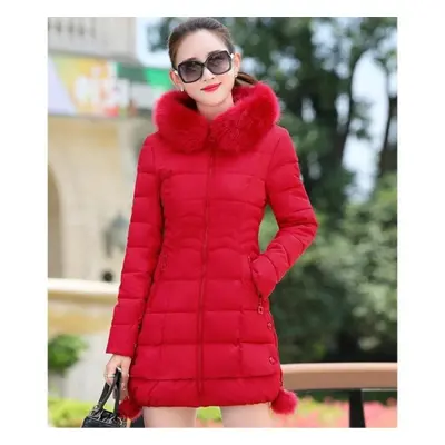 (red, M) Fashion Women Winter Warm Fur Collar Zipper Hooded Down Jacket Casual Outerwear Coat Th