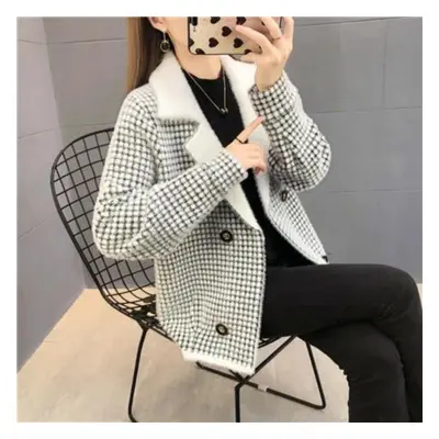 (black, XL) Cashmere Knitted Cardigan Coat Small Double Breasted Plaid Short Coat New Height And