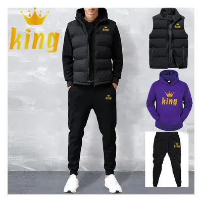 (purple, M) Men Casual Sets Vest + Hoodies + Pants Piece Tracksuit Male Sportswear Set