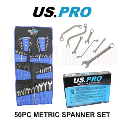 US PRO Tools 50pc Metric Spanner Wrench Mixed Set Stubby Ring Open Spanners