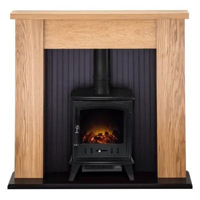 Adam New England Stove Fireplace in Oak with Aviemore Electric Stove in Black, Inch