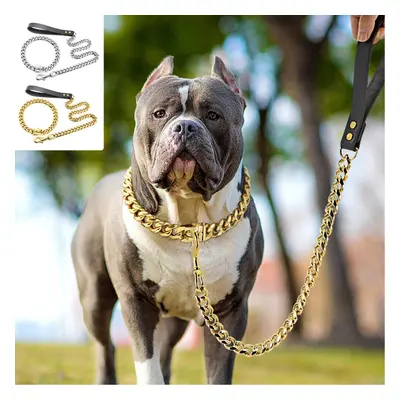 (Gold) Dog Gold Chain Collar and Leash Set Luxury Cuban Link Heavy Duty Stainless Steel