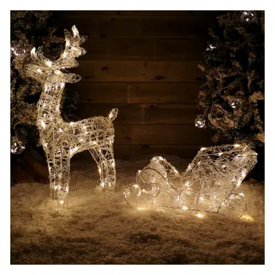 70cm Soft Acrylic Flashing LED Reindeer and Sleigh Christmas Decoration with Timer in Warm White