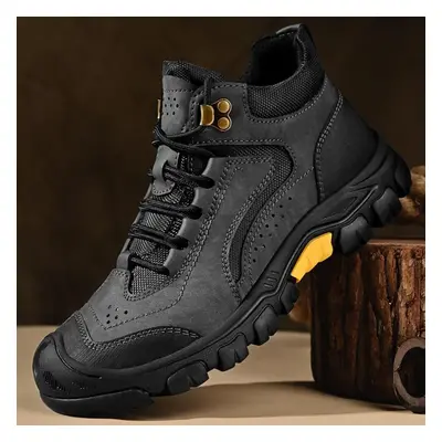 (grey, 42) Men&apos;s Cowhide Snow Boots Non-slip Sports Breathable Bare Boots Outdoor Hiking Bo