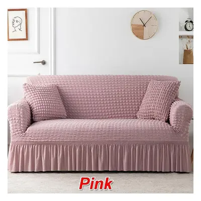 (pink, Double 145-185cm) Ruffled Seersucker Sofa Cover For Living Room Thick Elastic Solid Stret