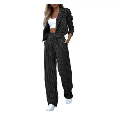 (black, M) Pcs/set Women Coat Pants Set Ol Commute Formal Style Turn-down Collar Long Sleeve Jac