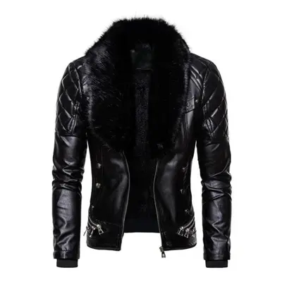 (black, M) Men&apos;s Biker Leather Jacket Fur Collar Detachable Faux Leather Motocycle Jackets 