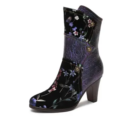 (purple, 36) Johnature High Heel Boots Women Shoes Genuine Leather Print Cloth Mixed Colors Retr