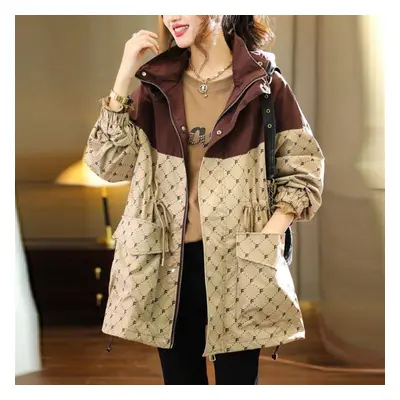 (khaki, L) Korean-style Women&apos;s Plus-size Hooded Coat With Color-blocked Print Letters Loos