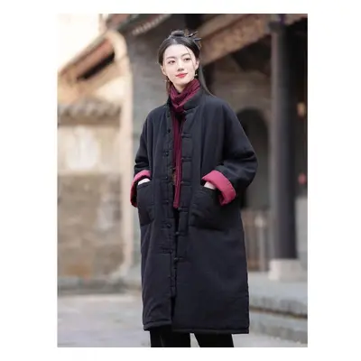 (black, One Size) Johnature Women Vintage Plus Cotton Winter Parkas Solid Color Button Warm Coat