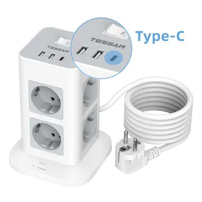 (gray, Outlet & Type-C) Tessan Power Tower Multi Outlets With Usb, 2m Retractable Extension Cabl