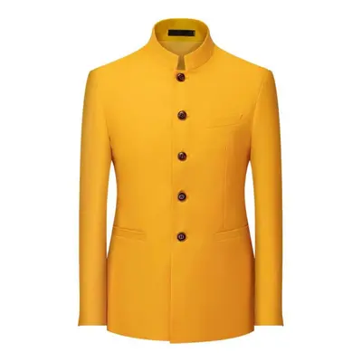 (yellow, 3XL) Men&apos;s Solid Color Stand Collar Suit Chinese Style Slim Fit Blazer Male Zhongs