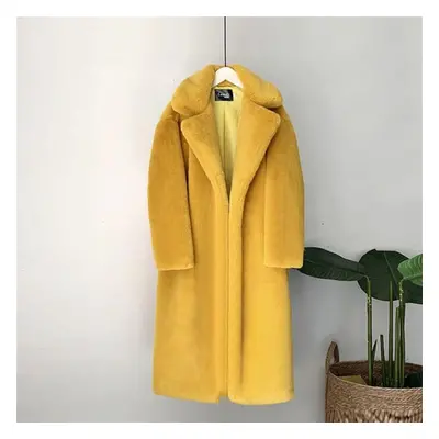 (yellow, M) Elegant Long Winter Faux Fur Coat Women Plush Fur Coats Loose Thick Warm Fur Overcoa