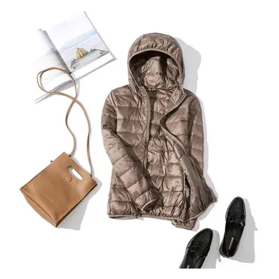 (khaki, XS) Ultra-light Plus Size Thin Down Jacket Women Autumn Winter Slim Short Hooded Warm Wh