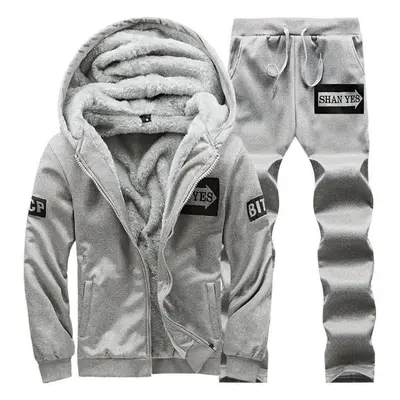 (grey, M) Men&apos;s Winter Warm Fleece Sports Tracksuit Male Hooded And Sweatpant Sets Casual P