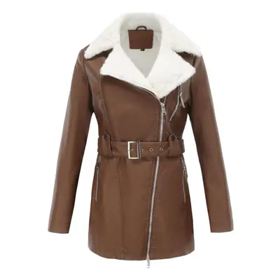 (brown, L) Women's Plush Jackets Faux Leather Pu Lapel Zipper Mid Length Warm Coat With Belt Lon