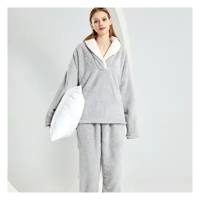 (grey, XXL) Winter Warm Flannel Women Pyjamas Sets Thicken Coral Velvet Homewear Long Sleeve Sle