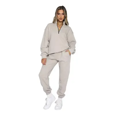 (light grey, S) Autumn Winter Sweatsuit Solid Zip Stand Neck Pullover Long Sleeve Two-piece Pant