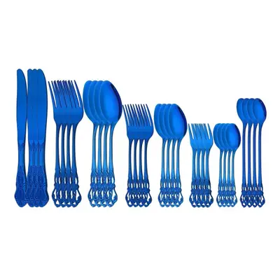 (32pcs for 4) 6/8/32pcs Shiny Blue Dinnerware Set Mirror Polished Stainless Steel Tableware Cutl