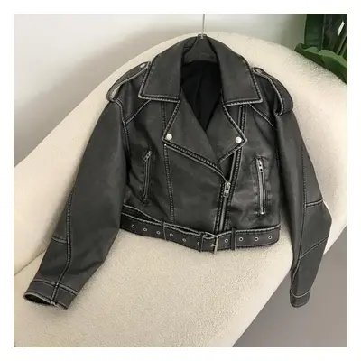 (grey, XL) Oftbuy Women Vintage Loose Pu Faux Leather Short Jacket With Belt Streetwear Female Z