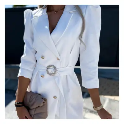 (white, XL) Rugod European And American Style Spring And Summer Women&apos;s Puff Sleeves Lapel 