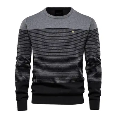 (grey, 65-75 kg) Aiopeson Brand Cotton Sweater Men Fashion Casual O-neck Striped Pullovers Knitt