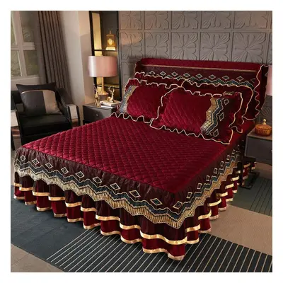 (wine red, 180*200cm) Family Bedroom Princess Lace Quilted Bedspread Luxury Bedspread Skirt Lace