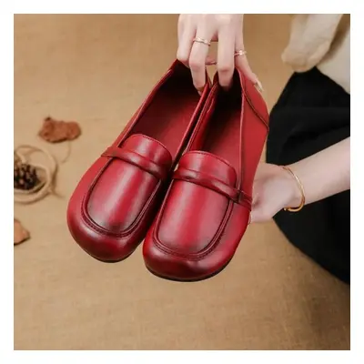 (red, 38) Johnature Retro Genuine Leather Flat Shoes Round Toe Soft Sole Loafers Casual Solid Co