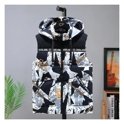 (white, 6XL) S-8xl Plus Size Men Sleeveless Jacket Winter Casual Hooded Cotton Padded Sleeveless