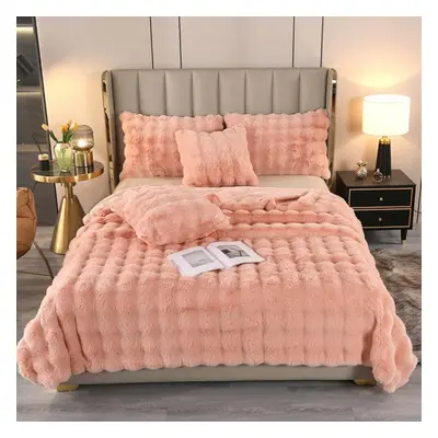 (pink, 130*160CM) Rabbit Fur Thickened Double Layer Warm Sofa Napping Blanket Faux Fur Blanket