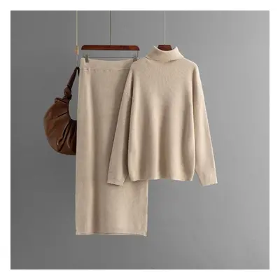 (apricot, One Size) Fall Winter Lazy Wind Loose High Collar Pulllover Sweater Suit Women&apos;s 