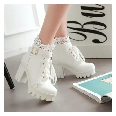 (white, 39) Women Female High Heels Lace Winter Boots Fashion Black White Women Boots Lace Up Wi