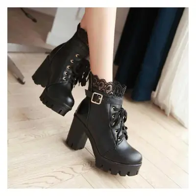 (black, 36) Women Female High Heels Lace Winter Boots Fashion Black White Women Boots Lace Up Wi