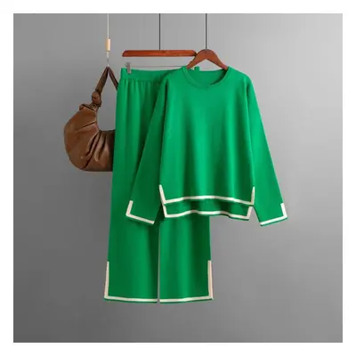 (green, OneSize) Autumn Winter Contrast Color Open Fork Full Sleeve Knit Suit High Waist Wide Le