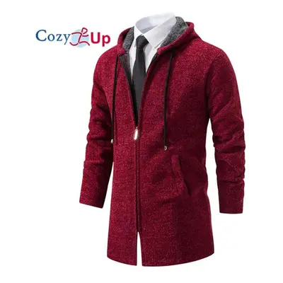 (red, L) Cozy Up Men Fleece Windbreaker Thick Long Trench Coat Solid Winter Cardigan Casual Hood